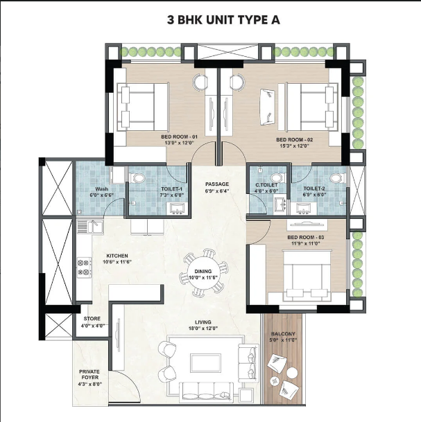 3 BHK Unit Type A Floor Plan at Vaishnodevi Ahmedabad
