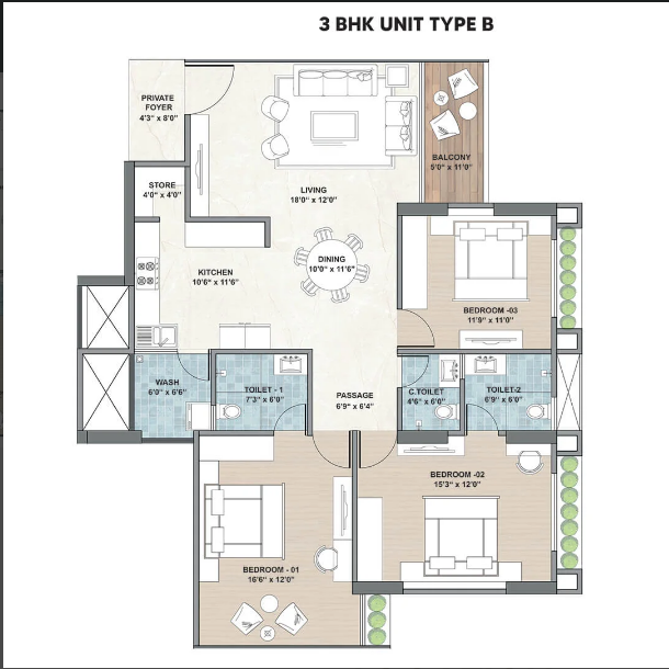 3 BHK Unit Type B Floor Plan at Vaishnodevi Ahmedabad